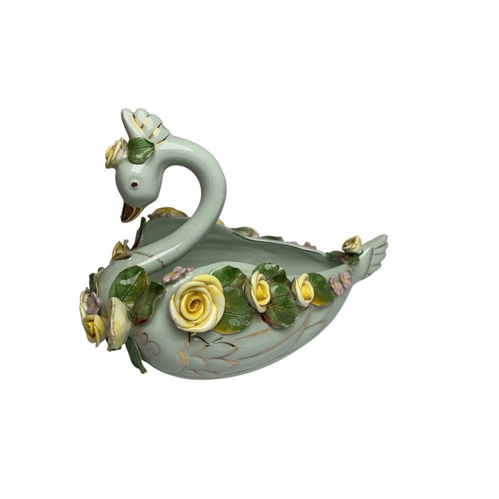 Vintage 1956 Wildwood Ceramics Pasadena Swan Planter Cottage Floral Gold Gilt